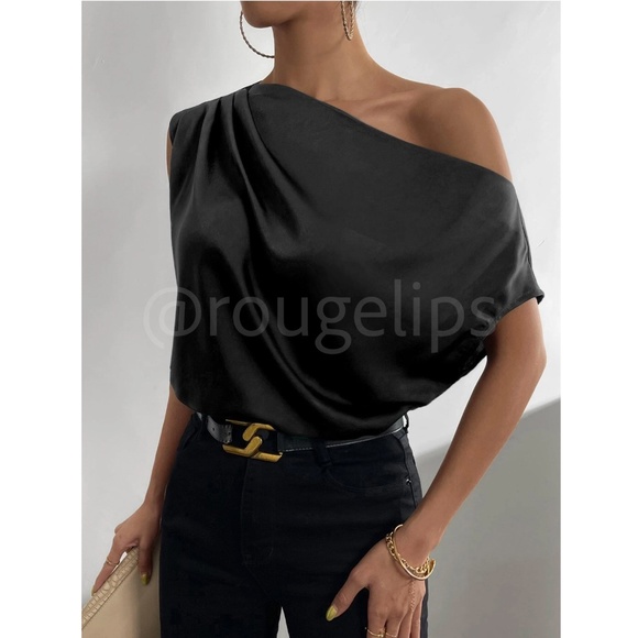 Black Satin Draped Asymmetrical Blouse Top - Picture 2 of 12